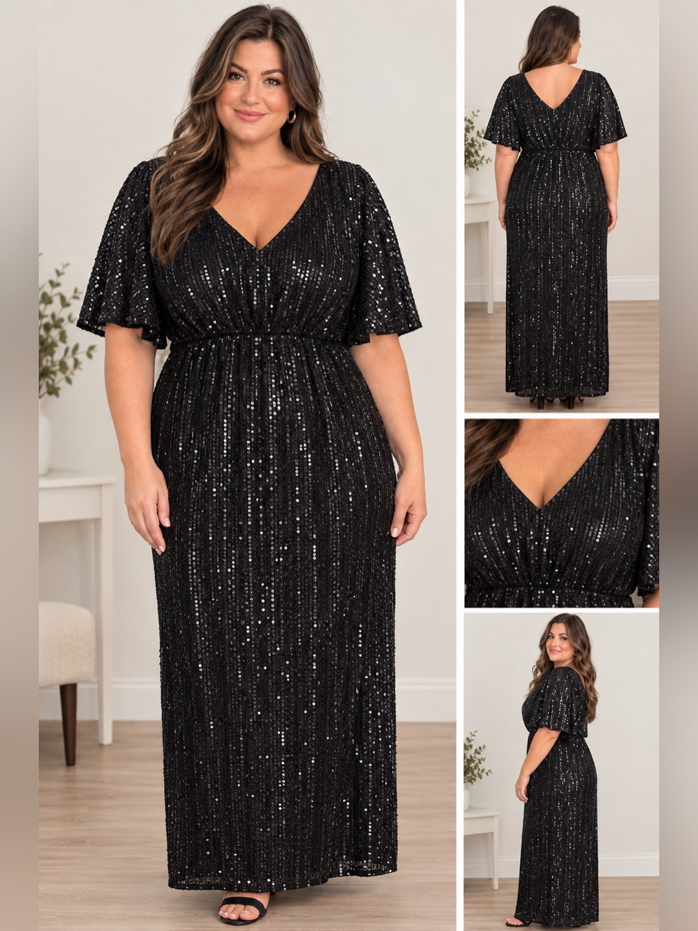 Black Sequin V-Neck Maxi Dress - Elegant Evening Gown